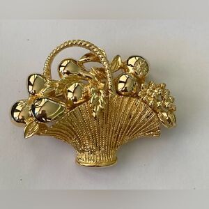 Vintage Gold Tone Brooch Pin Basket of Fruit Flowers Signed